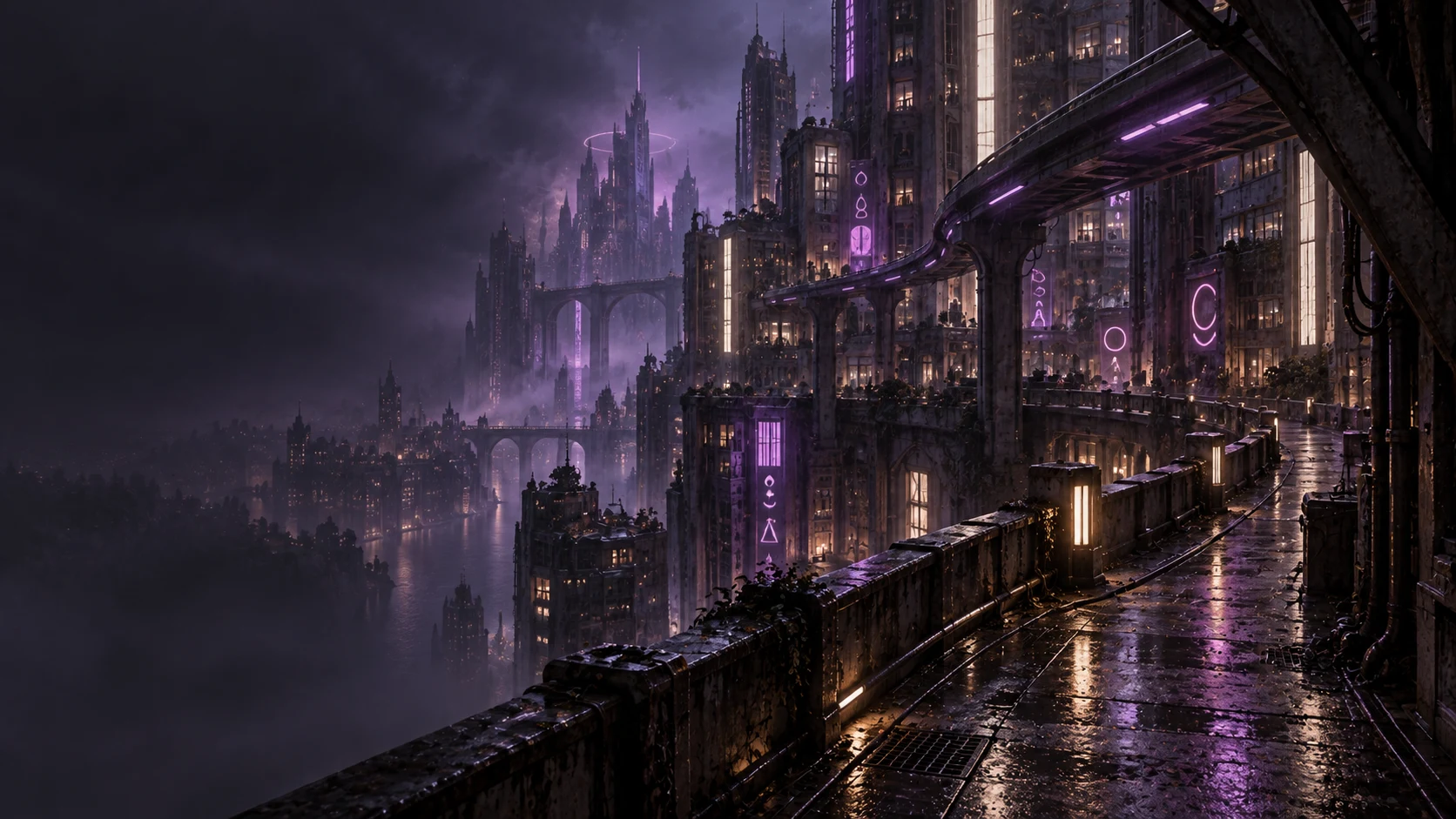 A futuristic city of violet lights and sky bridges, reflected in the river below.