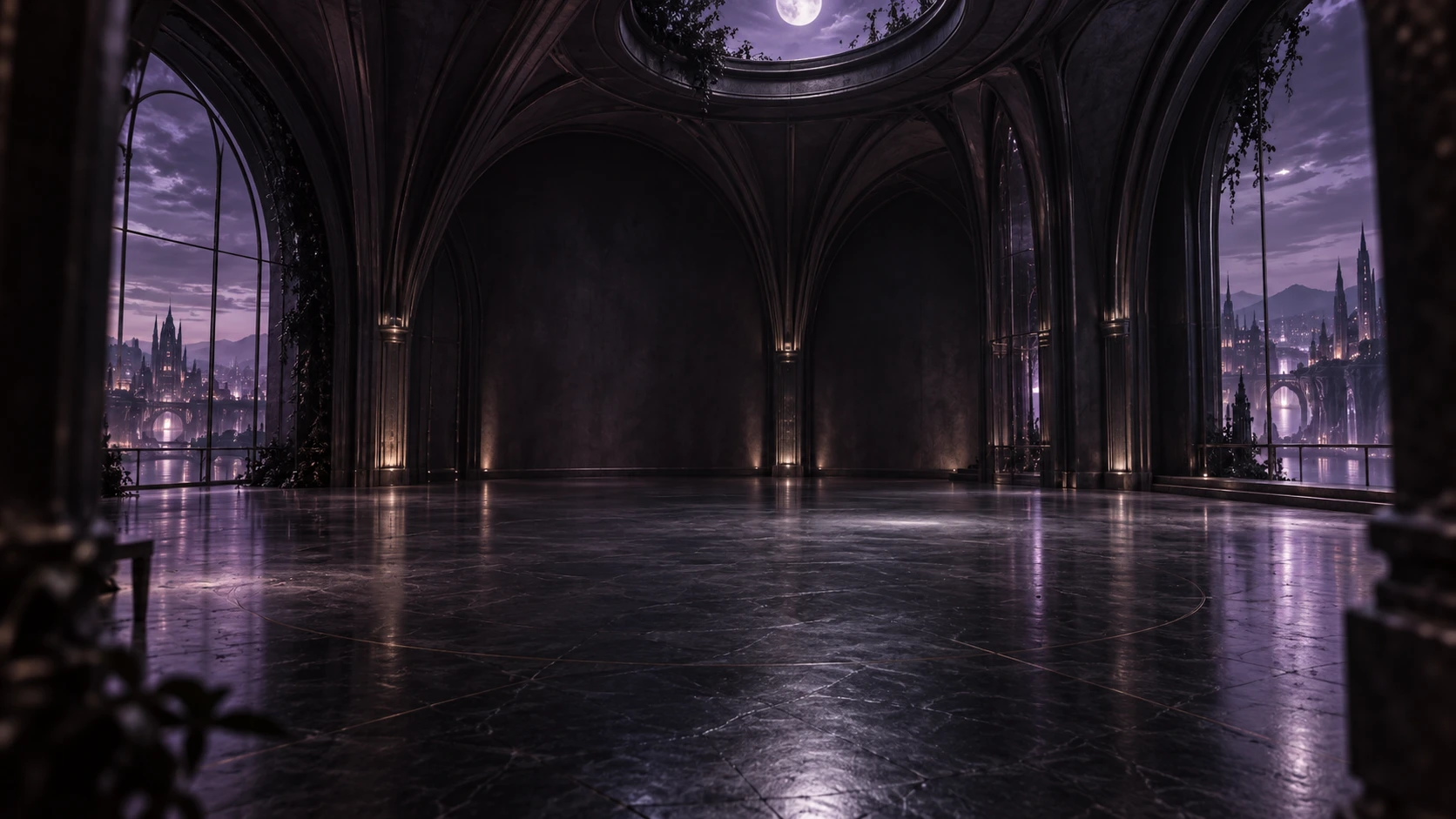 A quiet moonlit gallery overlooking the city.