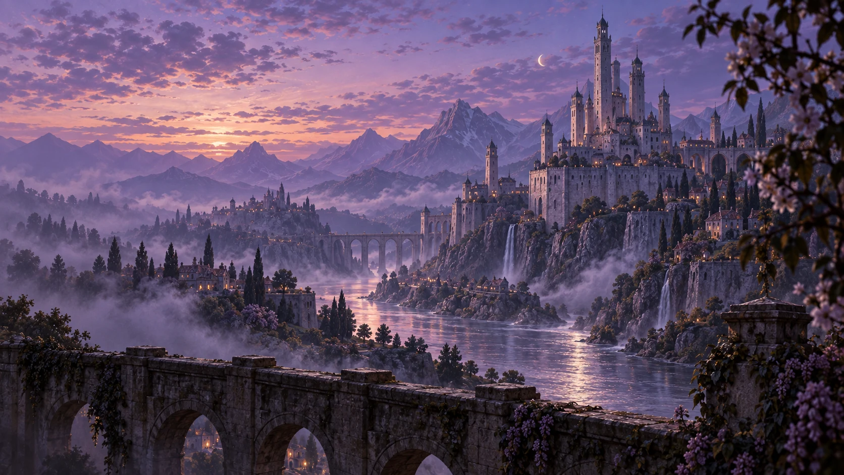 A stone kingdom above a river, with mountains disappearing into violet dusk.
