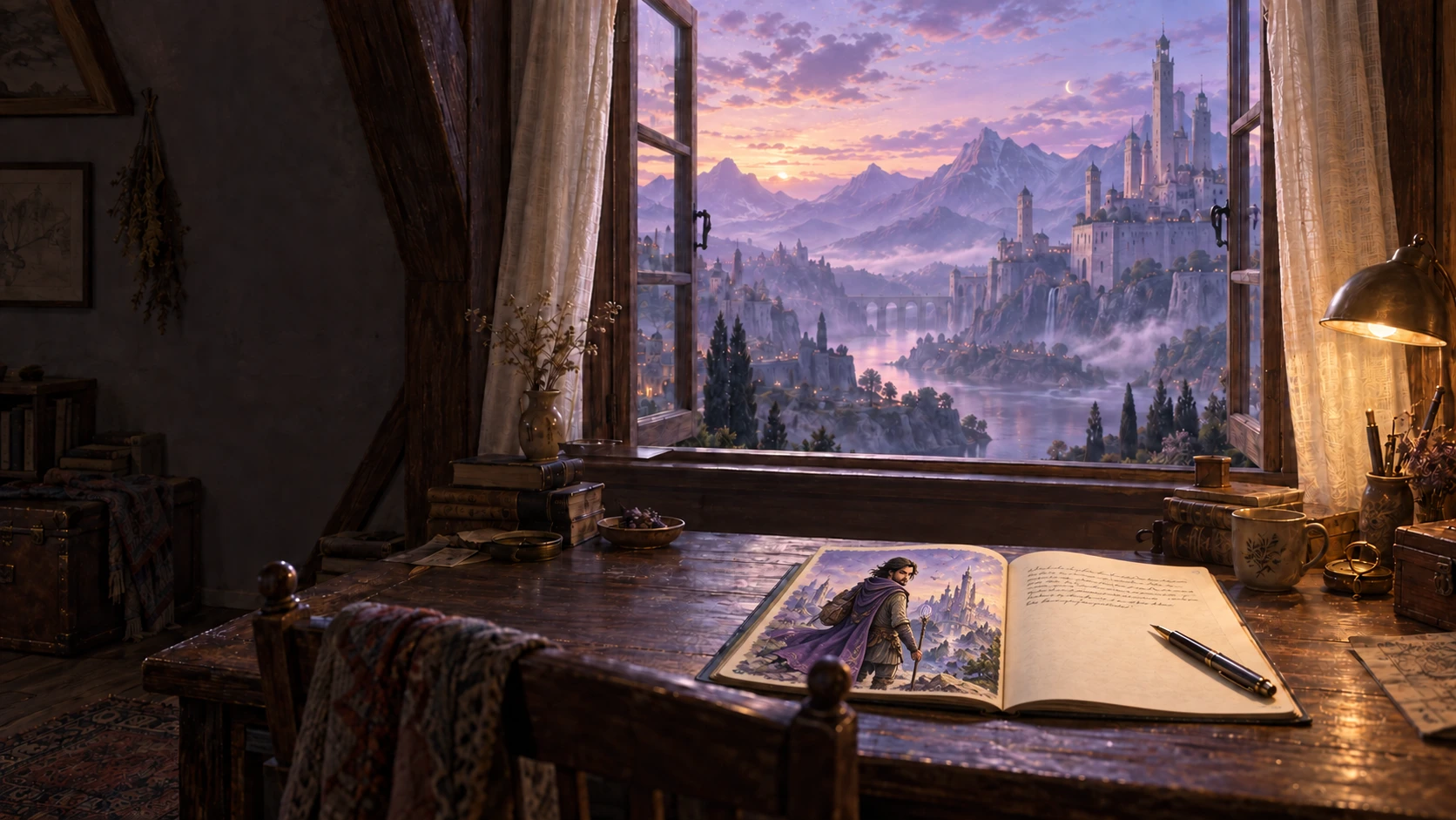 The notebook now holds a finished, richly painted character in a violet cloak.